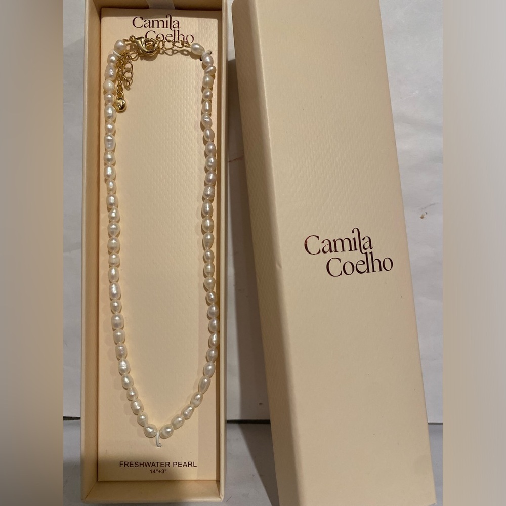Camila Coelho Freshwater Pearl Gold Necklace 14” +  3 “ extender New in gift box